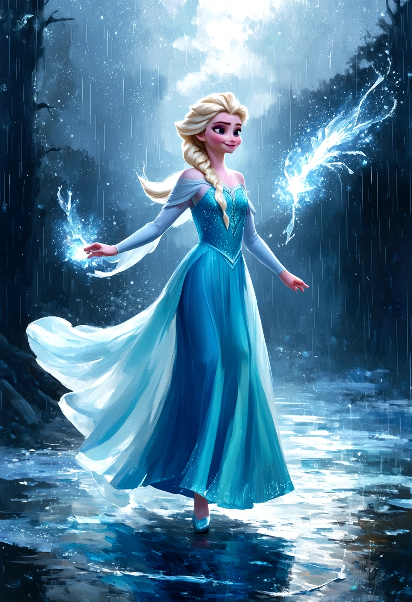 Digital painting of Elsa from Frozen dancing gracefully under the rain, her ice powers creating sparkling rain droplets and forming intricate ice patterns around her, dressed in her signature ice-blue gown, with a joyful and free-spirited expression, cinematic composition, trending on ArtStation