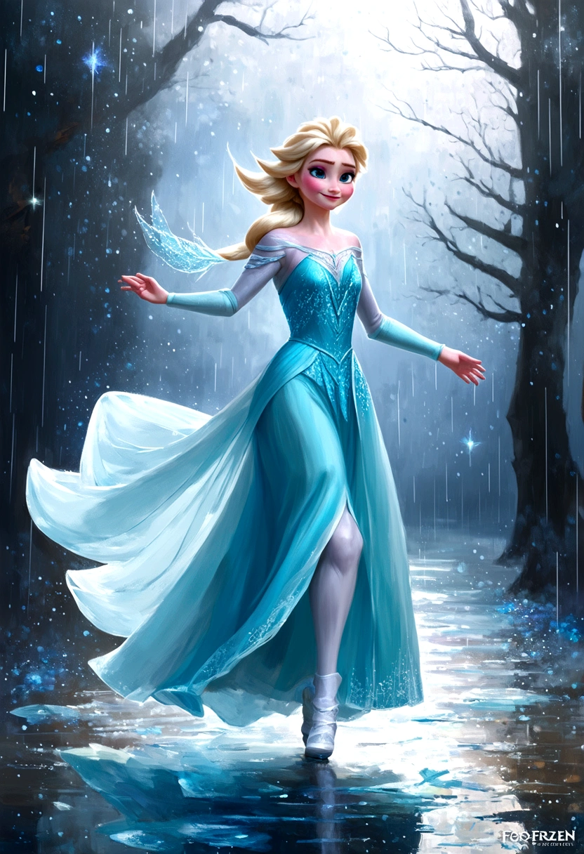 Digital painting of Elsa from Frozen dancing gracefully under the rain, her ice powers creating sparkling rain droplets and forming intricate ice patterns around her, dressed in her signature ice-blue gown, with a joyful and free-spirited expression, cinematic composition, trending on ArtStation