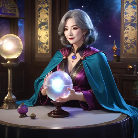 A mature and sexy middle-aged woman，His profession is a fortune teller.，Wearing a cape，Hands touching the crystal ball，Sitting a...