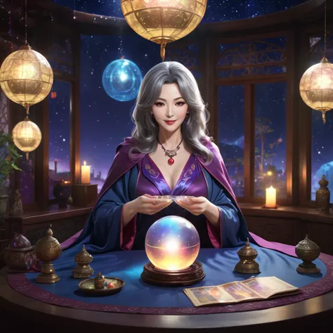 A mature and sexy middle-aged woman，His profession is a fortune teller.，Wearing a cape，Hands touching the crystal ball，Sitting a...