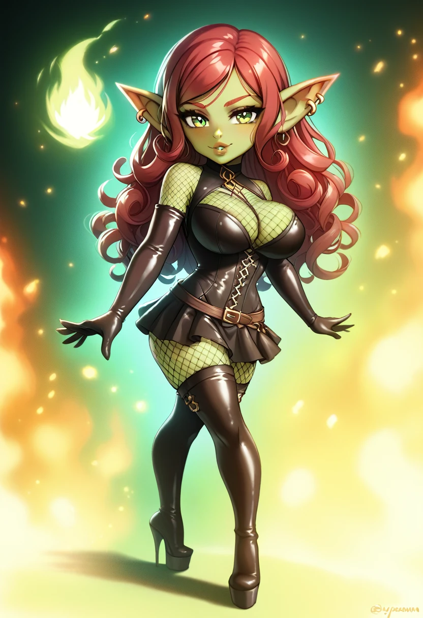 Girl, goblin girl, goblin, green skin, short, short stature,long hair, red hair, curly hair, large breasts, miniskirt, latex, long gloves, thigh boots, pouty lips, masterpiece, best quality, sexy, dynamic pose, 8k, shortstack, sfw, shiny, fantasy, dungeons and dragons, high heels,  fishnets, holding, dark green skin, adventurer, latex miniskirt, sexy pose, skirt, sorcerer, sorceress, pyromancer, fire, magic