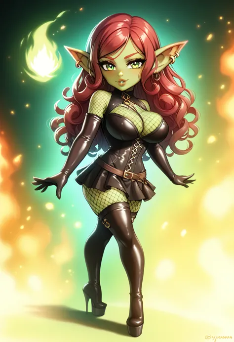 girl, goblin girl, goblin, green skin, short, short stature,long hair, red hair, curly hair, large breasts, miniskirt, latex, lo...