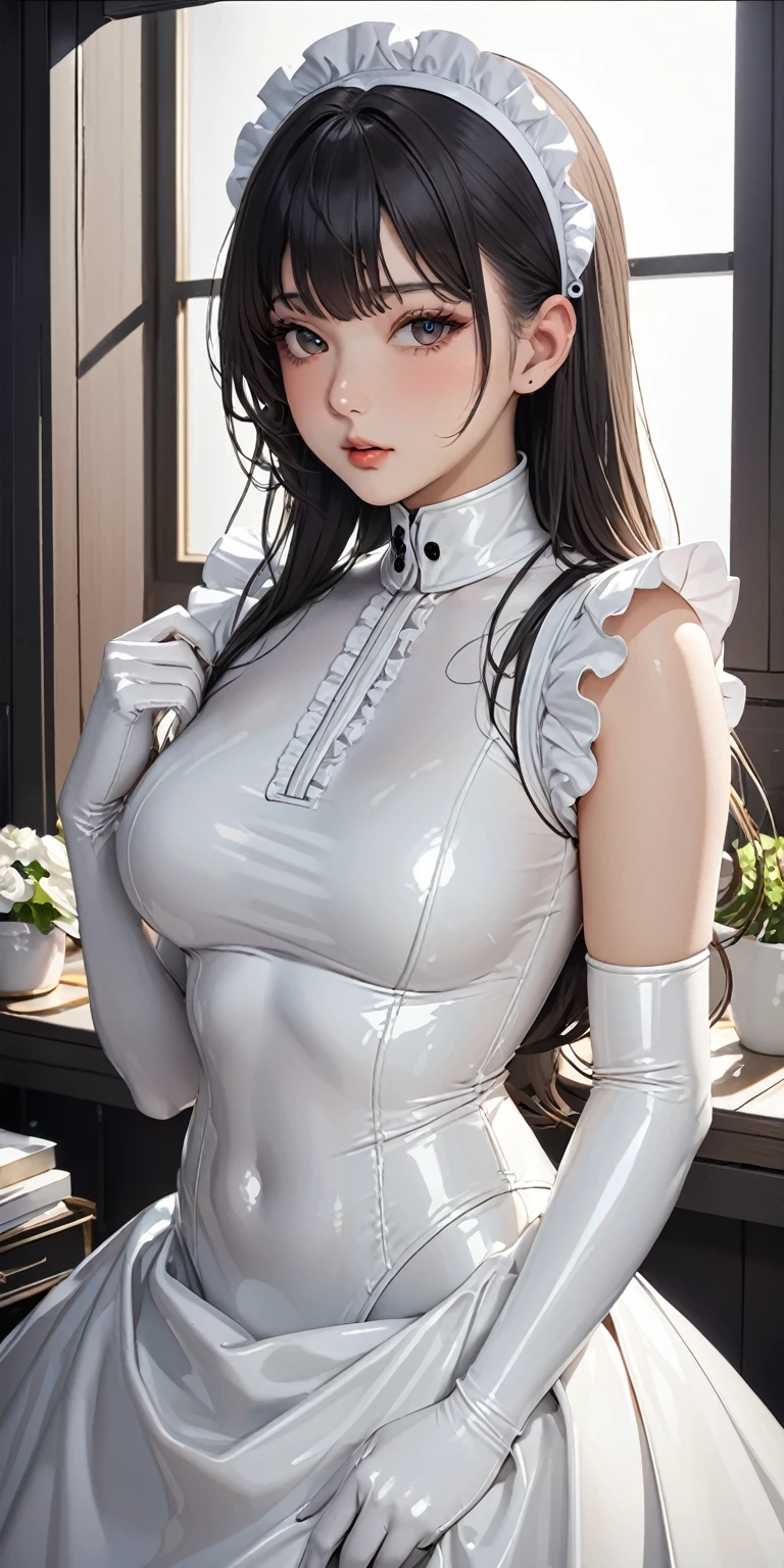 Portraiture、(masterpiece,Highest quality,Ultra-high resolution),Japanese women, (((Very beautiful 25 year old girl))),(White latex maid outfit)、((White latex long skirt))、(A long-sleeved white latex shirt covering the upper body)、White latex gloves、White latex tights、White Latex Bodysuit、Frills、The clothes fit snugly to the body、Latex is very shiny、Dark Room、