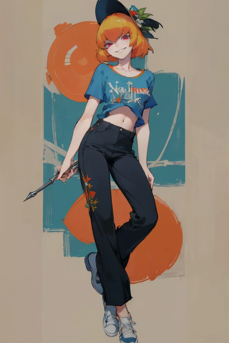 ((Highest quality)), ((masterpiece)), (be familiar with),Clementine,Overload,nsfw,Blue T-shirt,No sleeve,Green Embroidery,White shoes,Fascinating,Black pants,Bewitching Smile,whole body