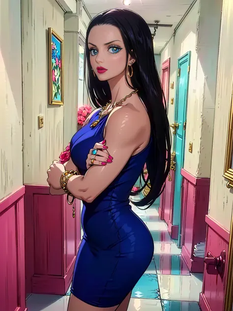 ((1girl, solo ,alone, long hair, black clothes, pink lipstick, Nico Robin, woman, (one piece) , dynamic pose,fitness, gold brace...