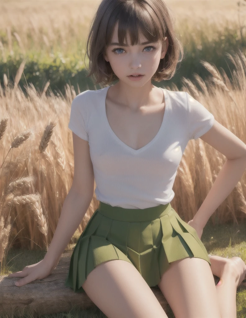 a slim, small-waisted girl with flat chest and perky breasts, bangs, short brown hair with sidelocks and blunt bangs, green eyes, detailed eyes, wearing a light white shirt with short sleeves and a pleated light high waisted micro skirt, sitting in a field of wheat, sweat, (best quality,4k,8k,highres,masterpiece:1.2),ultra-detailed,(realistic,photorealistic,photo-realistic:1.37),HDR,UHD,studio lighting,ultra-fine painting,sharp focus,physically-based rendering,extreme detail description,professional,vivid colors,bokeh,portraits