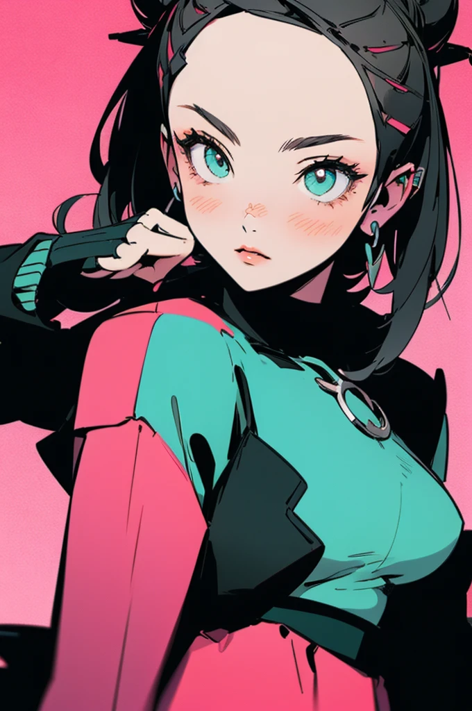 beautiful, masterpiece, best quality, extremely detailed face, perfect lighting, 1girl, solo, sketch, marnie pokemon, asymmetrical bangs, green eyes, pink dress, black jacket