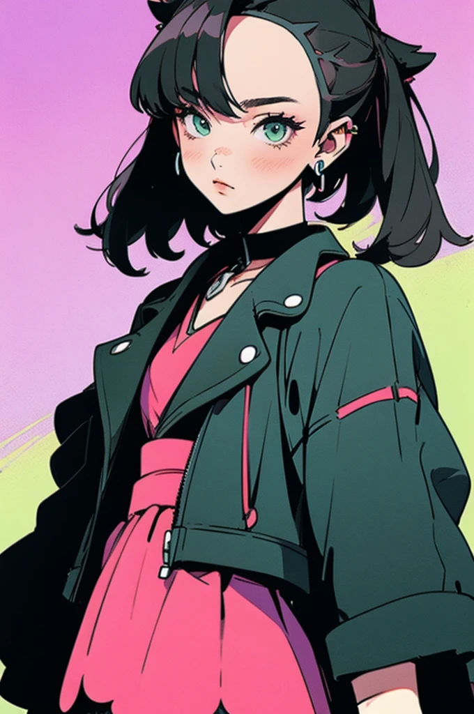 beautiful, masterpiece, best quality, extremely detailed face, perfect lighting, 1girl, solo, sketch, marnie pokemon, asymmetrical bangs, green eyes, pink dress, black jacket