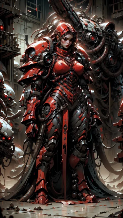 Megan fox as armored carnage, (red carnage muscular bio-mecha armor:1.25), (mouth wide open carnage style:1.25), (full body view...