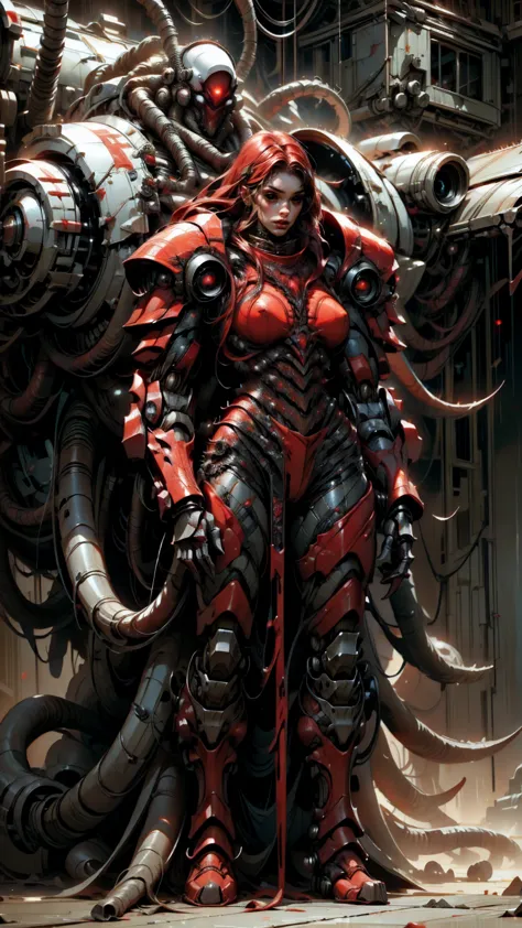 Megan fox as armored carnage, (red carnage muscular bio-mecha armor:1.25), (mouth wide open carnage style:1.25), (full body view...