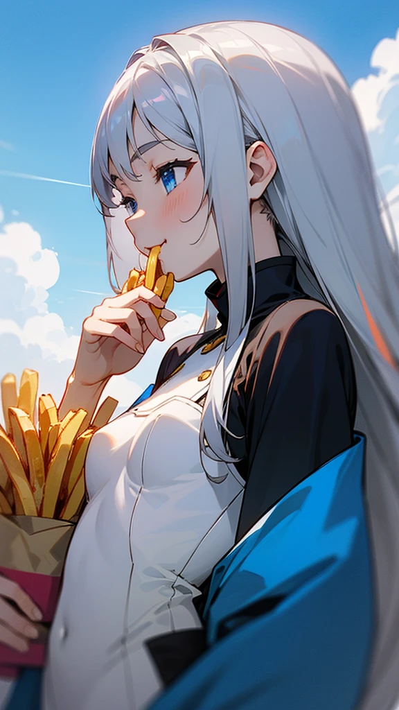 1 Girl、anime painting、Upper body close-up、profile、Natural Proportions、thin、Small breasts、smile、White skin、(long silver hair)、Beautiful blue eyes、Eating French Fries、blue sky、cloud、Background blur、Written boundary depth