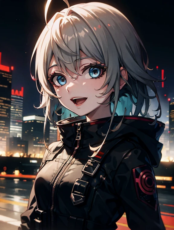 visage de graffiti, les yeux ouverts, bouche ouverte, expression yandere, sourire, regarde le spectateur, main non visible, ville cyberpunk, vêtements modernes, Haut du corps, porter des vêtements de science-fiction