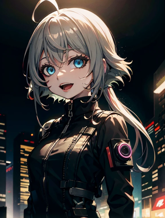 visage de graffiti, les yeux ouverts, bouche ouverte, expression yandere, sourire, regarde le spectateur, main non visible, ville cyberpunk, vêtements modernes, Haut du corps, porter des vêtements de science-fiction