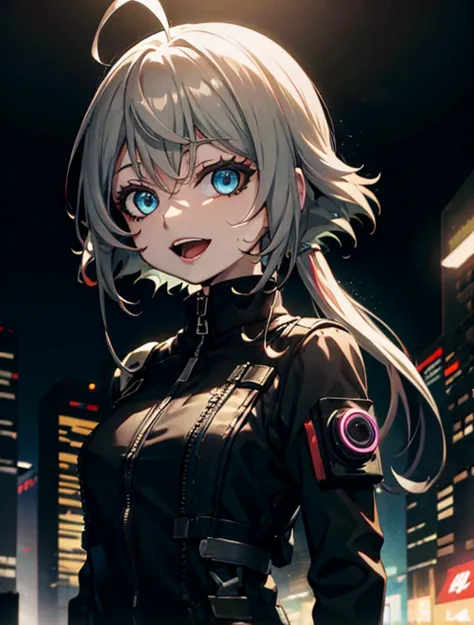 Graffiti face, eyes open, open mouth, yandere expression, smile, look at viewer, hand not visible, cyberpunk city, modern clothe...