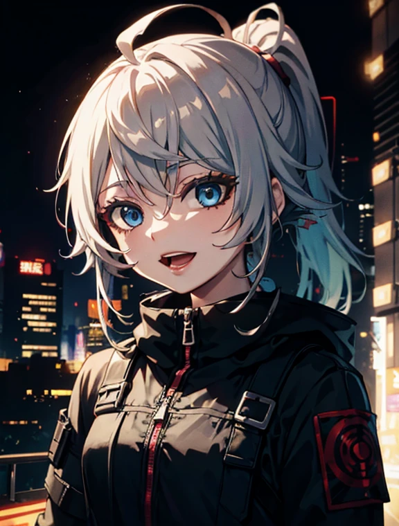 visage de graffiti, les yeux ouverts, bouche ouverte, expression yandere, sourire, regarde le spectateur, main non visible, ville cyberpunk, vêtements modernes, Haut du corps, porter des vêtements de science-fiction