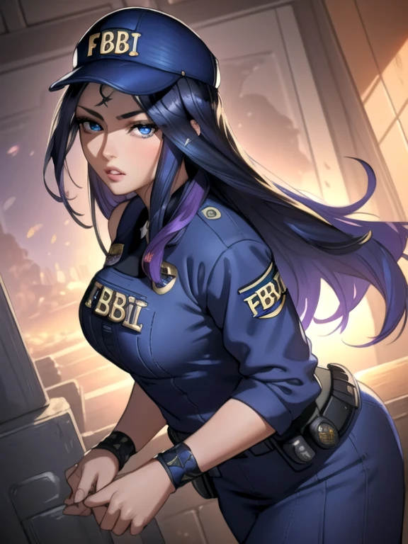 best quality, intricate details, 
1girl, long hair, ((blue eyes)), solo, black hair, Irelia, looking at viewer, purple hair,  lips, foreshortening, symmetrical eyes,    irelia,  arm ribbon, 
 skistyle, (fbi cap, fbi, blue police uniform, police badge:1.4)