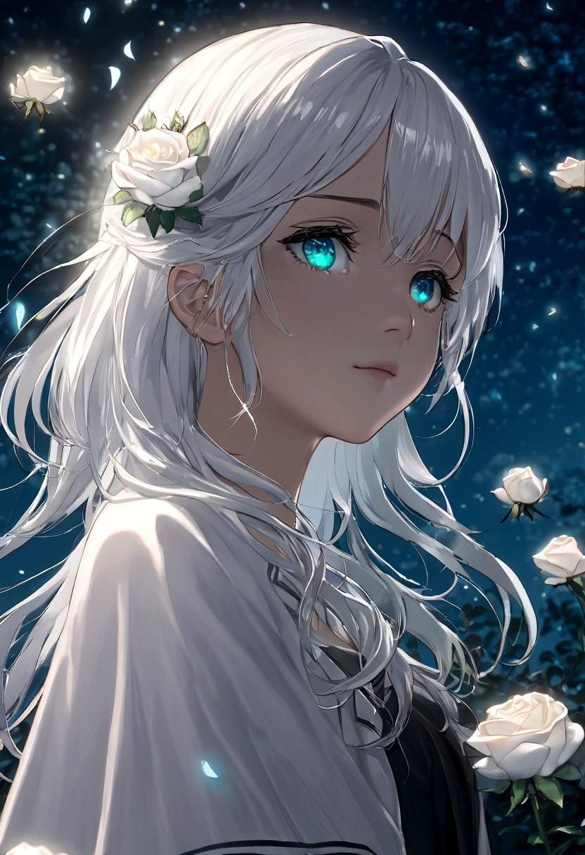 face focus, masterpiece, best quality, 1girl, Alya, white roses, petals, night background, fireflies, light particle, solo, White hair, aqua eyes, standing, pixiv, depth of field, cinematic composition, best lighting, looking up
