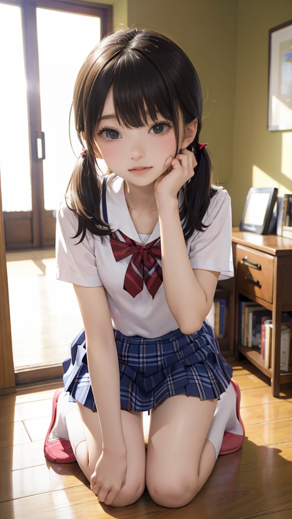 Sit in a study chair,15 years old,(loli:1.0),elementary student、young,(Plaid pleated skirt),flat breast,Pupils,teens girl,A dark-haired,delicate and body,in a my house、frontage、Looking here、(full body:1.3)、white soks,my room,bed,desk,chair,book,pc、( smile:1.0),(skinny:1.2),beautiful girl,akb48,nogizaka46,(short twintails:1.1),,(full-face blush:1.5),,open legs,kneel up,