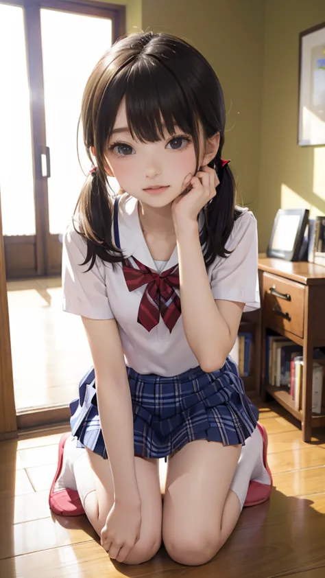 Sit in a study chair,15 years old,(loli:1.0),elementary student、young,(Plaid pleated skirt),flat breast,Pupils,teens girl,A dark...