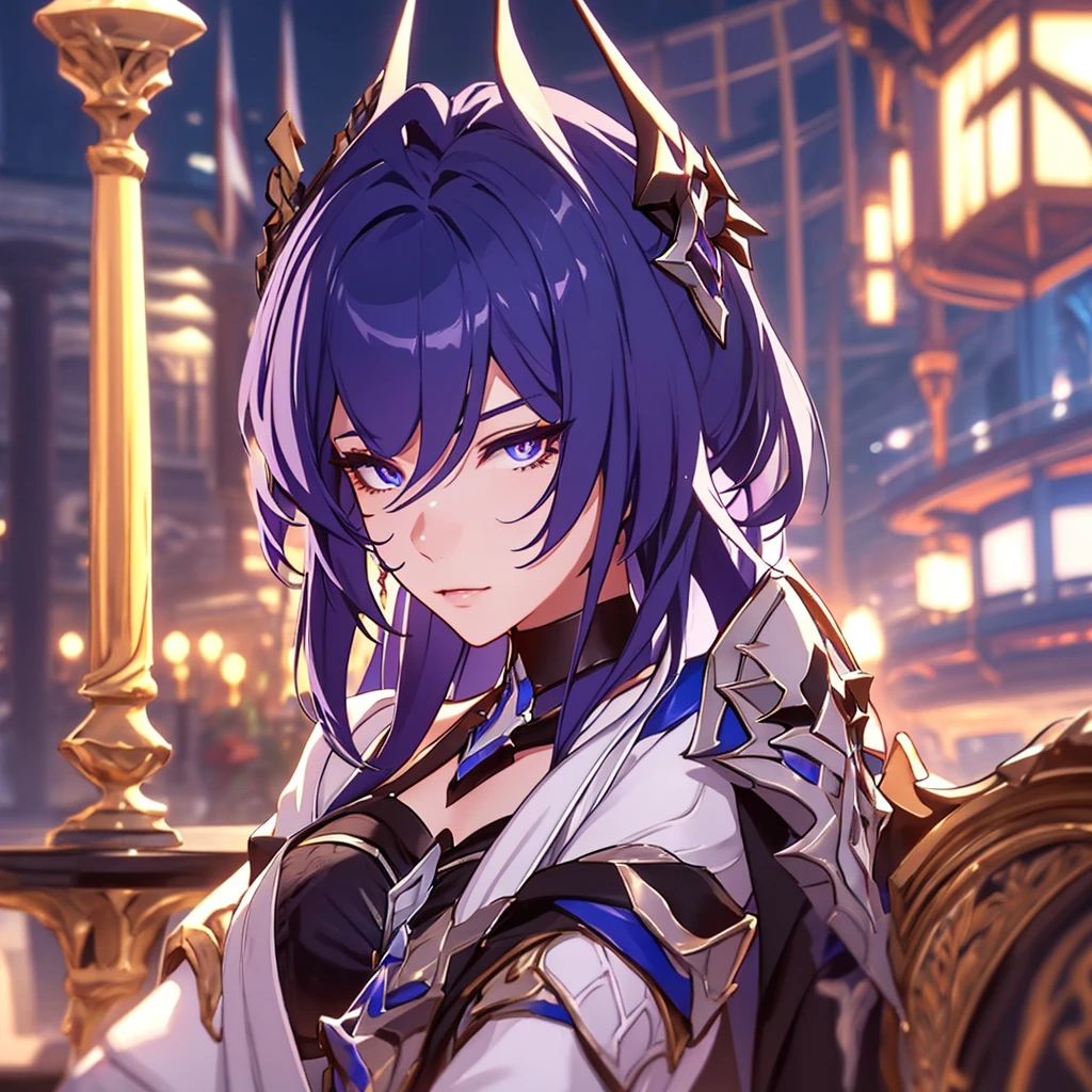 intricate portrait of archeron from honkai star rail, sitting on a bench in a public plaza, beautiful detailed eyes, beautiful detailed lips, extremely detailed face and expression, long eyelashes, elegant pose, detailed clothing, intricate background environment, warm lighting, cinematic composition, vibrant colors, high resolution, photorealistic, masterpiece