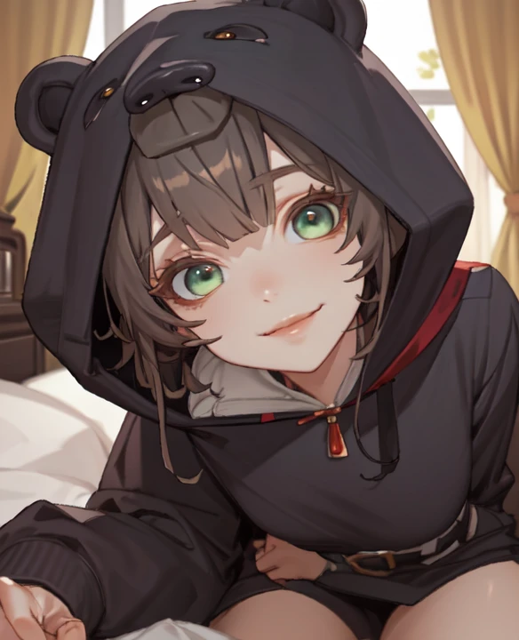 beautiful, (masterpiece), best quality, (extremely detailed face), extremely detailed eyes,  perfect lighting, OverallDetail, detailed, deep skin,textured skin,
,bear costume ,black bear costume, long sleeves, hood up,,mallow , long hair, green eyes, big smile,on bed ,sitting between pillows,
,