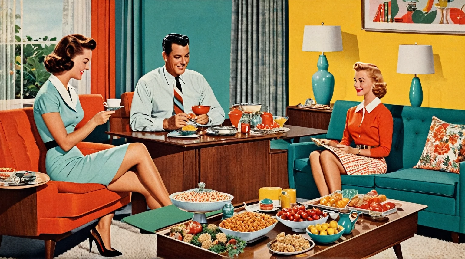 há uma mulher e um homem sentados em uma sala de estar com uma bandeja de comida, Uma colagem moderna de meados do século, Infomercial estilo anos 50, 1 9 5 0's decor, Estilo de ilustração dos anos 1950, anúncio anterior, aconchegante 1 9 5 0, Ilustração dos anos 1960, ilustração retrô, estilo retrô dos anos 50