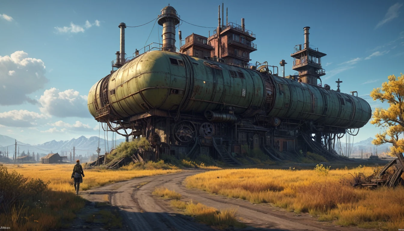 Não é a coisa mais estranha, photorealista, no estilo da arte digital Simon Stalenhag, um ângulo de câmera impressionante, steampunk, futurista ficção científica retrô arte espacial estilo Chris Foss, arte digital de Simon Stenhag, 4K HD, nascer do sol, usinas futuristas, enferrujado quebrado deus antigo mecanóide, bela paisagem rural, mundo do jogo de RPG Fallout 4 e Bethesda New Vegas, contraste, Iluminação, estrada empoeirada, edifícios abandonados do subúrbio americano de 1960, Primavera, estradas molhadas e pantanosas, estudantes japonesas de Tokio steampunked, ultra hd, realista, cores vivas, Altamente detalhado, Desenho UHD, caneta e tinta, composição perfeita, linda, detalhada, intrincada, insanamente detalhada, tendência de renderização de octanas no artstation, Fotografia artística 8K, photorealista concept art, luz perfeita cinematográfica volumétrica natural suave