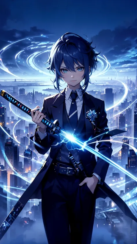 a teenage girl,confident smirk,sleek black suit and tie,stands atop skyscraper,futuristic cityscape,holding katana with glowing ...