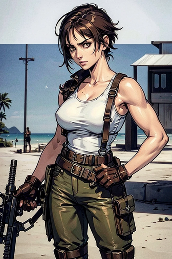 a military woman, well trained body, white sleeveless t-shirt, Exposed collarbone, beige leather shelter, blue pants, two leather belts with gun pockets, dark brown hair, carving, Brown eyes, hazel left eye, left eye with a scar, beach shore, at daytime, getting off a water boat, threatening expression looking at viewer, sparkling beach, palm trees around, In a post-apocalyptic environment, post - apocalyptic cowgirl, Post - Apocalyptic style, Post apocalyptic clothing, pose, post-apocalyptic, Postapocalyptic style, post apocalyptic grunge, Post - Apocalyptic Scavenger. (Ultra quality) 8k quality, detailed, perfect light, perfect angle, perfect sharpness.