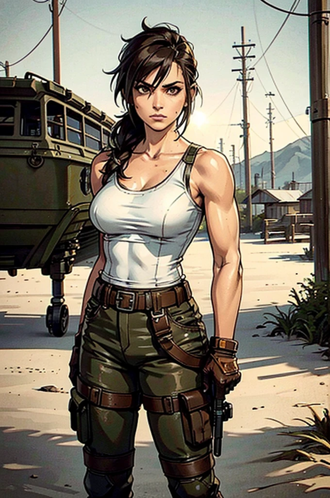 a military woman, well trained body, white sleeveless t-shirt, Exposed collarbone, beige leather shelter, blue pants, two leather belts with gun pockets, dark brown hair, carving, Brown eyes, hazel left eye, left eye with a scar, beach shore, at daytime, getting off a water boat, threatening expression looking at viewer, sparkling beach, palm trees around, In a post-apocalyptic environment, post - apocalyptic cowgirl, Post - Apocalyptic style, Post apocalyptic clothing, pose, post-apocalyptic, Postapocalyptic style, post apocalyptic grunge, Post - Apocalyptic Scavenger. (Ultra quality) 8k quality, detailed, perfect light, perfect angle, perfect sharpness.