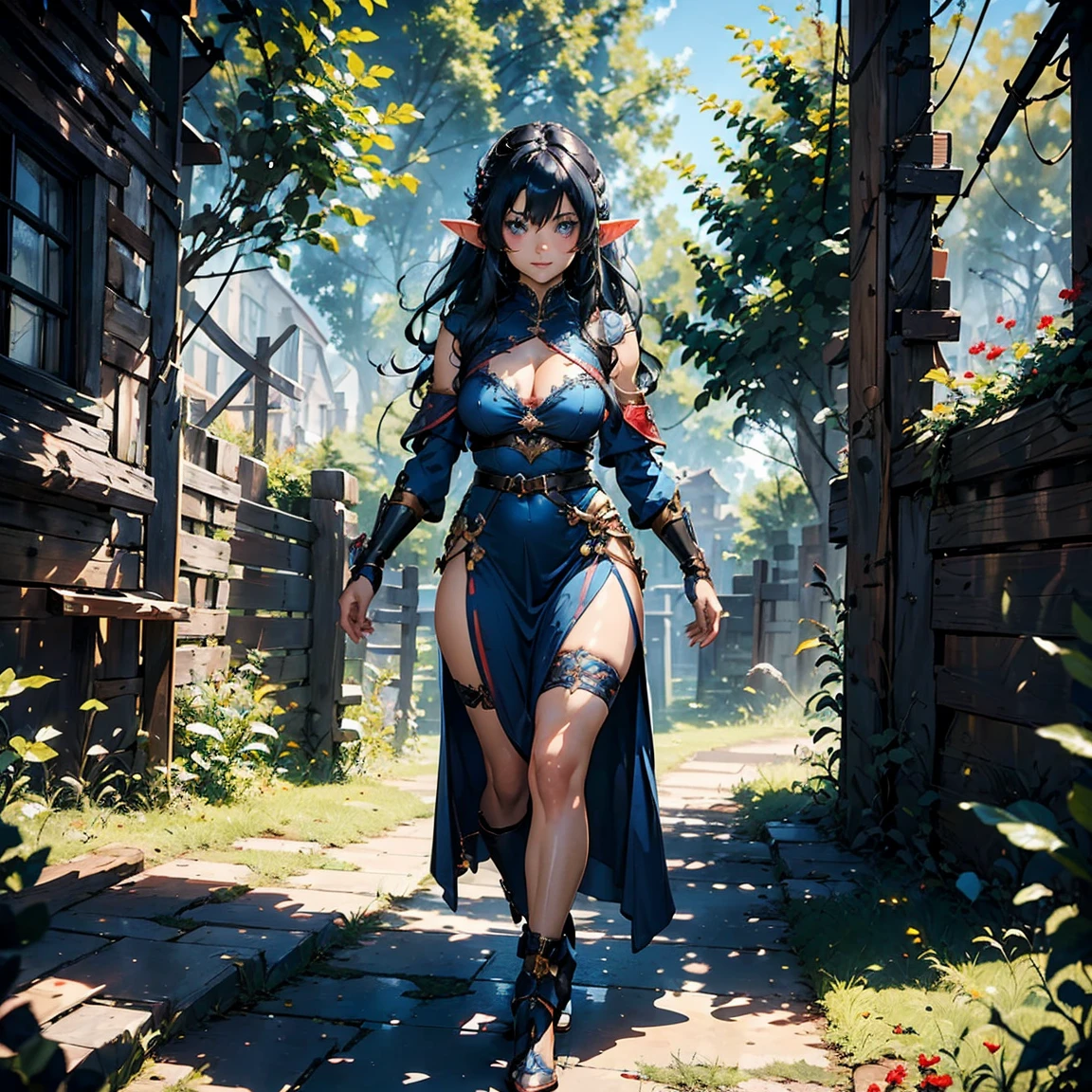 1girl, elf, (solo), long curly hair, dark blue hair, long pointed ears, big breasts, light blue eyes, small size, blue skin, perverted smile face, red cheeks, (Sexy dark blue dress), full body, (very lots of cum on sex), standing, (day), medieval town, forest behind, (very sexy body, detailed face, masterpiece, highly detailed, 8k, best quality, vibrant colors, digital art, concept art).