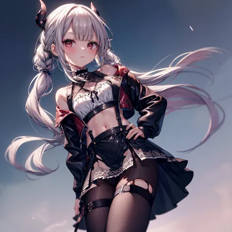 ((highest quality)), ((masterpiece)), ((detailed)), (4k), 1girl, 独奏, (eyepatch), crop top, leather jacket, torn miniskirt, suspe...