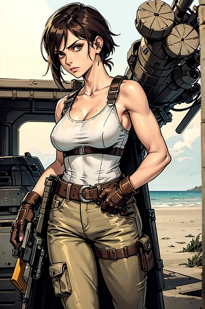 a military woman, well trained body, white sleeveless t-shirt, Exposed collarbone, beige leather shelter, blue pants, two leather belts with gun pockets, dark brown hair, carving, Brown eyes, hazel left eye, left eye with a scar, beach shore, at daytime, getting off a water boat, threatening expression looking at viewer, sparkling beach, palm trees around, In a post-apocalyptic environment, post - apocalyptic cowgirl, Post - Apocalyptic style, Post apocalyptic clothing, pose, post-apocalyptic, Postapocalyptic style, post apocalyptic grunge, Post - Apocalyptic Scavenger. (Ultra quality) 8k quality, detailed, perfect light, perfect angle, perfect sharpness.