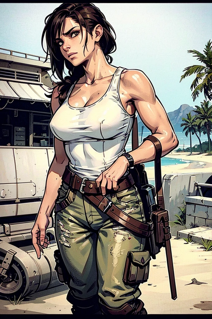 a military woman, well trained body, white sleeveless t-shirt, Exposed collarbone, beige leather shelter, blue pants, two leather belts with gun pockets, dark brown hair, carving, Brown eyes, hazel left eye, left eye with a scar, beach shore, at daytime, getting off a water boat, threatening expression looking at viewer, sparkling beach, palm trees around, In a post-apocalyptic environment, post - apocalyptic cowgirl, Post - Apocalyptic style, Post apocalyptic clothing, pose, post-apocalyptic, Postapocalyptic style, post apocalyptic grunge, Post - Apocalyptic Scavenger. (Ultra quality) 8k quality, detailed, perfect light, perfect angle, perfect sharpness.