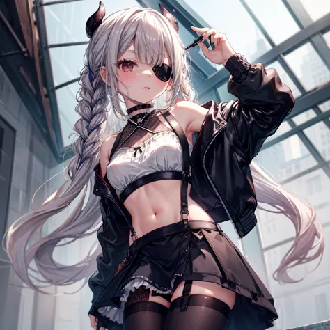 ((highest quality)), ((masterpiece)), ((detailed)), (4k), (nsfw), 1girl, 独奏, (eyepatch), crop top, leather jacket, torn miniskir...