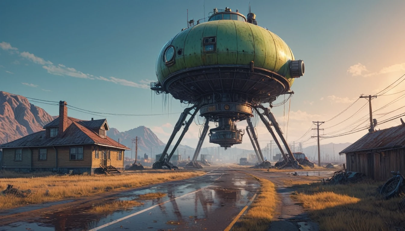 Ist das nicht das Seltsamste?, fotorealistisch, digital art style by Simon Stålenhag, atemberaubender Winkel, steampunk, futuristische digitale Science-Fiction-Kunst von Simon Stålenhag, 4k hd, Sonnenaufgang, rostiger kaputter alter Mechanoid, wunderschöne Landschaft, Fallout 4 RPG-Welt und Bethesda New Vegas, Kontrast, Beleuchtung, staubige Straße, verlassene gebäude frühling, nasse und sumpfige Straßen, Japanische Schulmädchen Tokyo Steampunk, Ultra HD, Realismus, Helle Farben, Hohe Detailliertheit, UHD-Zeichnung, pen and ink, perfekte Komposition, schöne detaillierte komplexe wahnsinnig detaillierte Octane render, Trends auf ArtStation, 8k Kunstfotografie, fotorealistisch concept art, weiches, natürliches, volumetrisches, filmisches, perfektes Licht