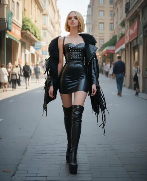 1girl, 24yo, blonde, wearing a black leather one piece micro minidress and thigh high black leather platform boots. walking in p...