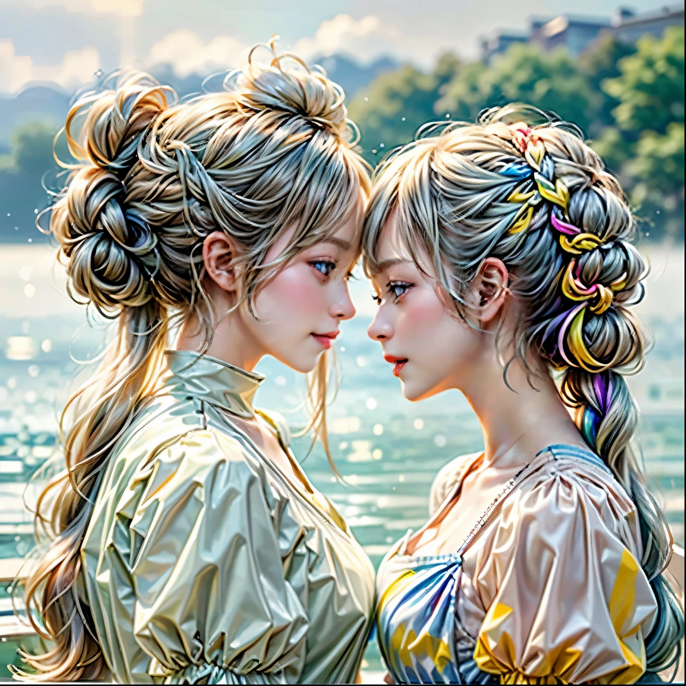 SFW, ((David Hamilton:1.37, White and RainbowColors))、Extremely Detailed (PUNIPUNI Oppai Twins), ((Just a heads above the Lake)), {(Kissing face to face) Against the Nipples to Nipples Pressing hard| ZoomedOut }、{(Floating hair with Strong wind)|French Braid|bun}, 