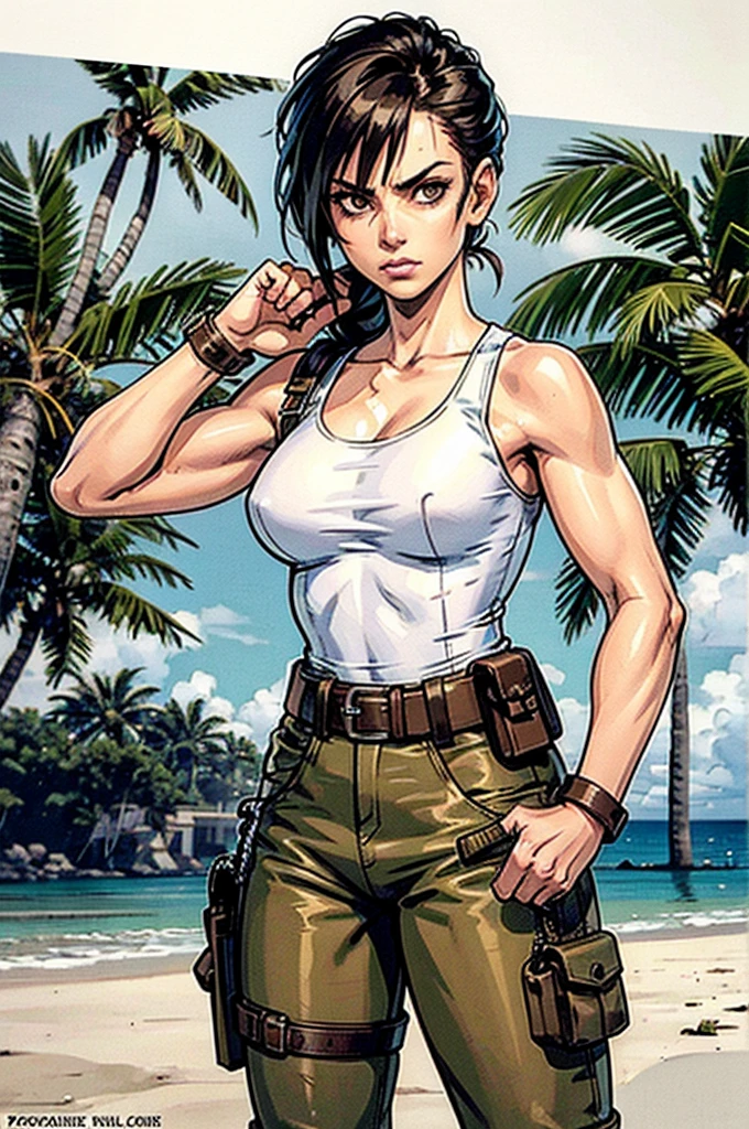 a military woman, well trained body, white sleeveless t-shirt, Exposed collarbone, beige leather shelter, blue pants, two leather belts with gun pockets, dark brown hair, carving, Brown eyes, hazel left eye, left eye with a scar, beach shore, at daytime, fighting position, fighting position taekwondo, staring menacingly at the viewer, sharp eyes, threatening expression looking at viewer, sparkling beach, palm trees around, In a post-apocalyptic environment, post - apocalyptic cowgirl, Post - Apocalyptic style, Post apocalyptic clothing, pose, post-apocalyptic, Postapocalyptic style, post apocalyptic grunge, Post - Apocalyptic Scavenger. (Ultra quality) 8k quality, detailed, perfect light, perfect angle, perfect sharpness.