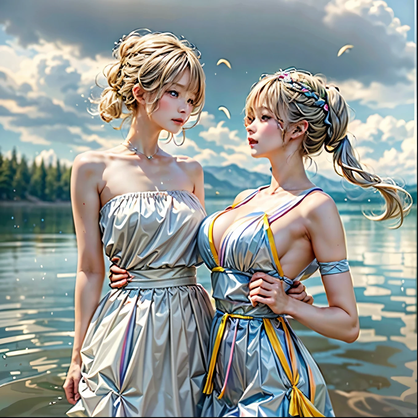 SFW, ((David Hamilton:1.37, White and RainbowColors))、Extremely Detailed (PUNIPUNI Oppai Twins), ((Just a heads above the Lake)), {(Kissing face to face) Against the Nipples to Nipples Pressing hard| ZoomedOut }、{(Floating hair with Strong wind)|French Braid|bun}, 