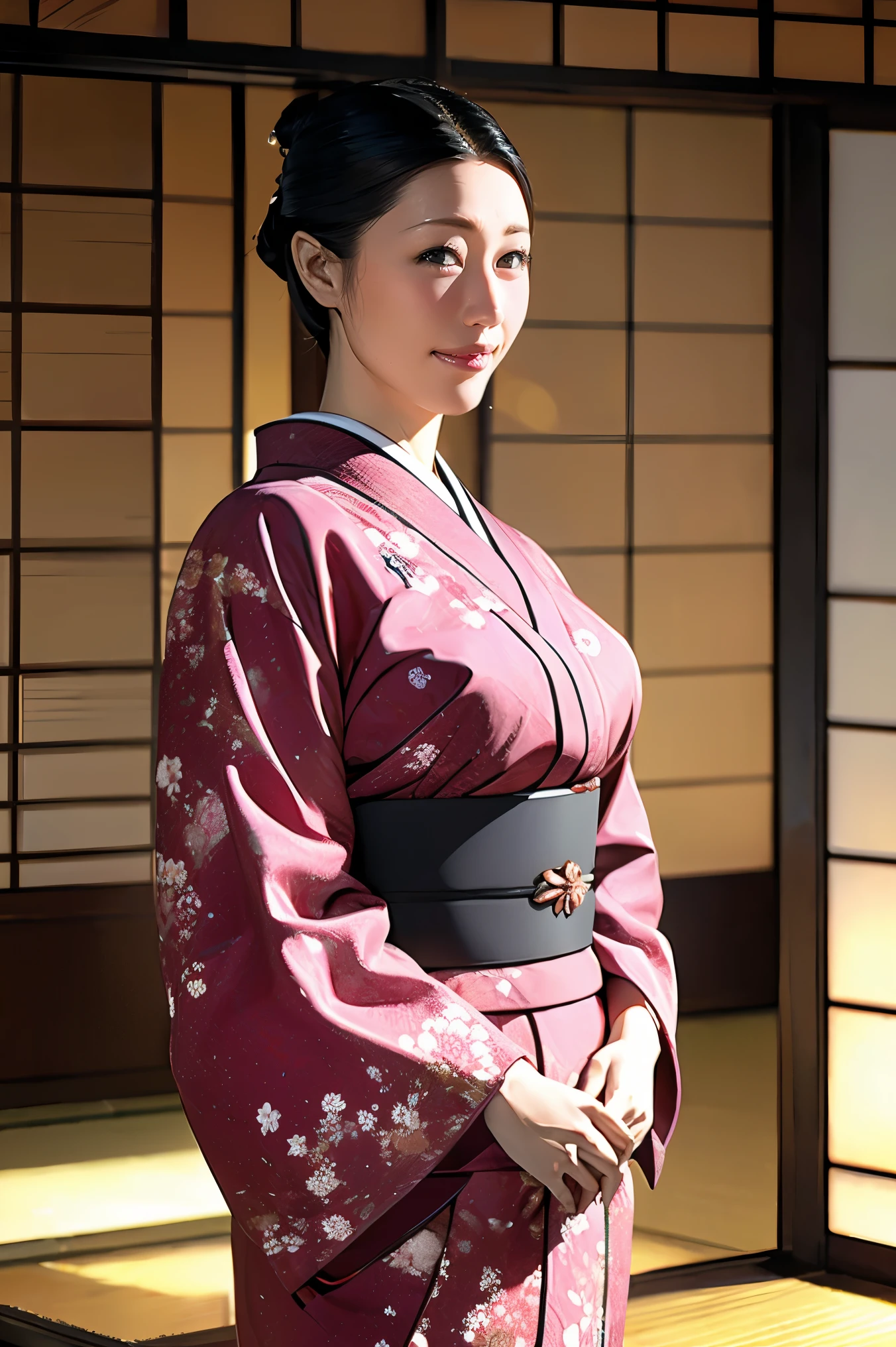 (Highest quality、Tabletop、Best image quality、Award-winning works)、 The proprietress of a beautiful inn、(A beautiful kimono with an elegant and gorgeous floral pattern:1.3)、Perfect female portrait photography、Glowing Skin、Standing Elegantly、(Blurred background of elegant Japanese-style room in luxury ryokan:1.3)、(The most elegant Japanese-style room:1.1)、(Elegant and beautiful shoji screens:1.1)、(Elegant and beautiful sliding doors:1.1)、Tatami room、(An elegant and perfect Japanese-style room:1.1)、(The most romantic and moody:1.1)、(Tyndall effect:1.2)、Great cinema lighting、Glowing Skin、smile、(Large Breasts:1.1)、(Voluptuous body:1.1)、Accentuate your body lines、Upper body photo、Chignon、smile、standing elegantly、Elegant standing posture