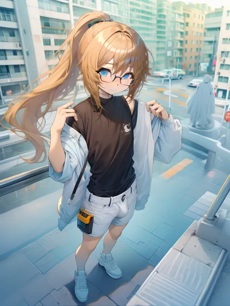 femboy, solo, square glasses, short messy blond ponytail, blue eyes, black t-shirt, white shorts, korean bangs, tan skinned, str...