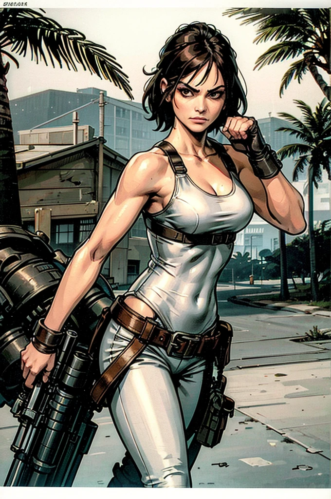 a military woman, well trained body, white sleeveless t-shirt, Exposed collarbone, beige leather shelter, blue pants, two leather belts with gun pockets, dark brown hair, carving, Brown eyes, hazel left eye, left eye with a scar, beach shore, at daytime, fighting position, fighting position taekwondo, hands clenched into fists, at the level of your chin, annoyed, staring menacingly at the viewer, sharp eyes, threatening expression looking at viewer, sparkling beach, palm trees around, In a post-apocalyptic environment, post - apocalyptic cowgirl, Post - Apocalyptic style, Post apocalyptic clothing, pose, post-apocalyptic, Postapocalyptic style, post apocalyptic grunge, Post - Apocalyptic Scavenger. (Ultra quality) 8k quality, detailed, perfect light, perfect angle, perfect sharpness.