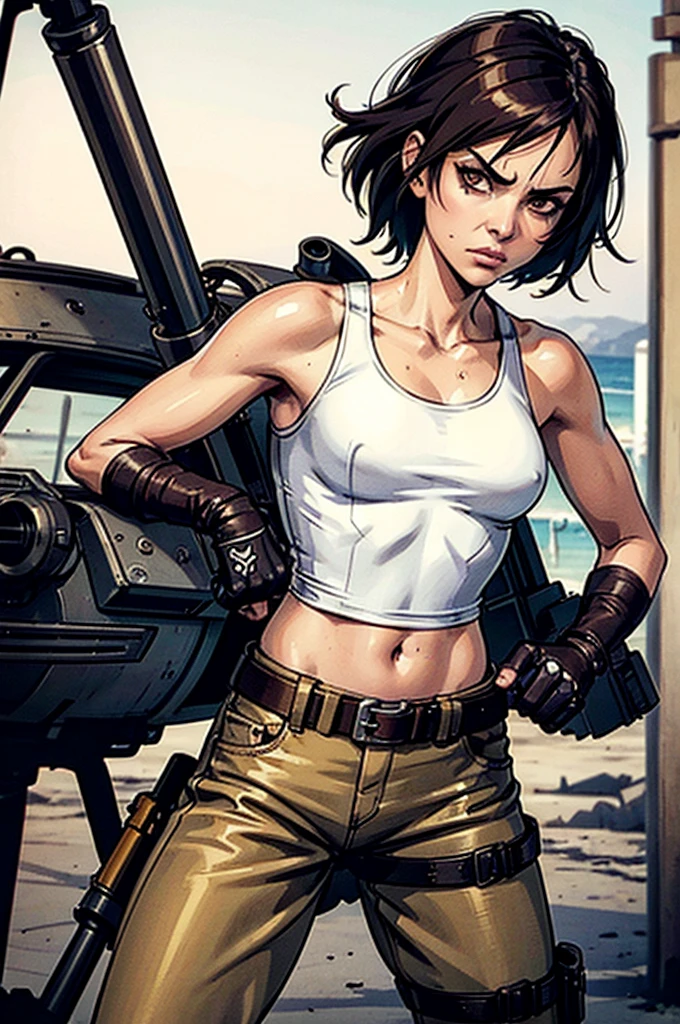 a military woman, well trained body, white sleeveless t-shirt, Exposed collarbone, beige leather shelter, blue pants, two leather belts with gun pockets, dark brown hair, carving, Brown eyes, hazel left eye, left eye with a scar, beach shore, at daytime, fighting position, fighting position taekwondo, hands clenched into fists, at the level of your chin, annoyed, staring menacingly at the viewer, sharp eyes, threatening expression looking at viewer, sparkling beach, palm trees around, In a post-apocalyptic environment, post - apocalyptic cowgirl, Post - Apocalyptic style, Post apocalyptic clothing, pose, post-apocalyptic, Postapocalyptic style, post apocalyptic grunge, Post - Apocalyptic Scavenger. (Ultra quality) 8k quality, detailed, perfect light, perfect angle, perfect sharpness.