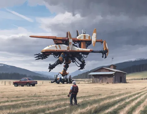 ssta, field, car, farm house, mech drone, man, child, drone ship, clouds, mountains,