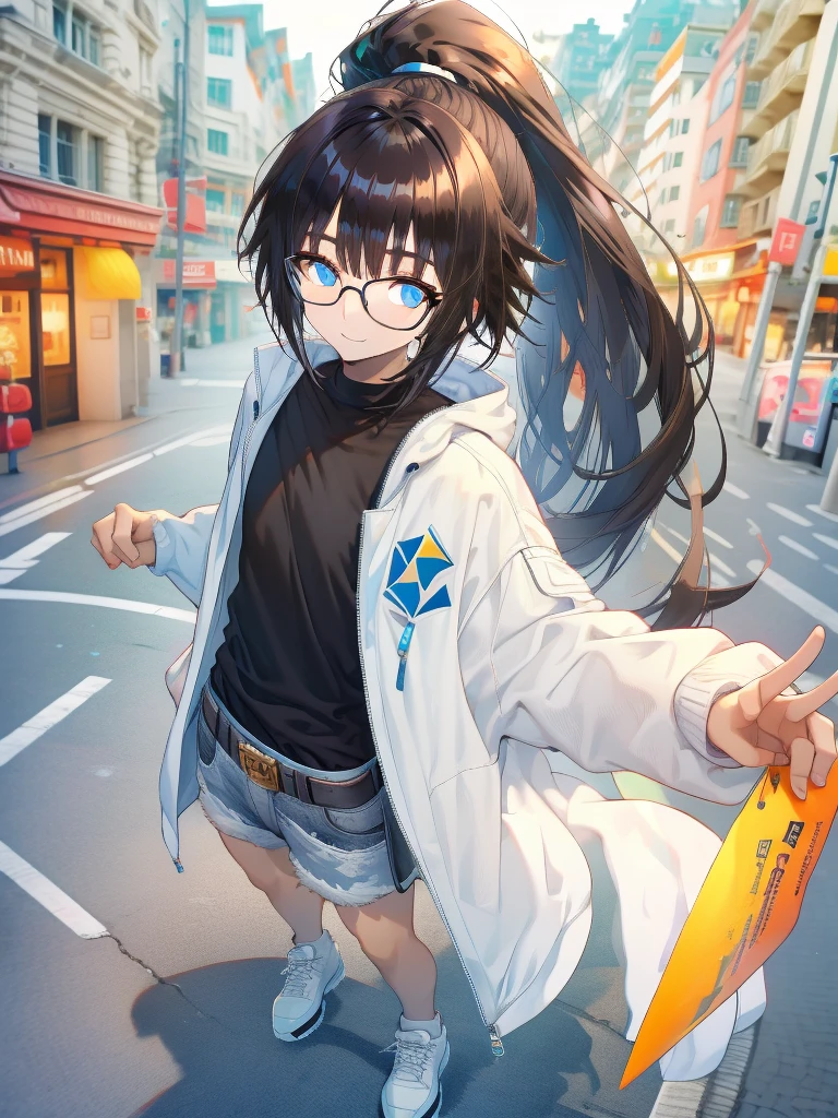 4k, 1 guy femboy, glasses, Short messy brown ponytail, blue eyes, white jacket, black t-shirt, white jean shorts, Korean bangs, tan skinned, streets background, smile, steam, bulge, full body, standing, facing camera