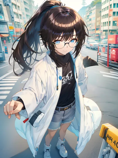 4k, 1 guy femboy, glasses, short messy brown ponytail, blue eyes, white jacket, black t-shirt, white jean shorts, korean bangs, ...