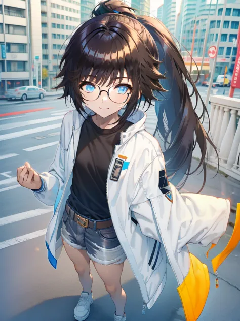 4k, 1 guy femboy, glasses, short messy brown ponytail, blue eyes, white jacket, black t-shirt, white jean shorts, korean bangs, ...