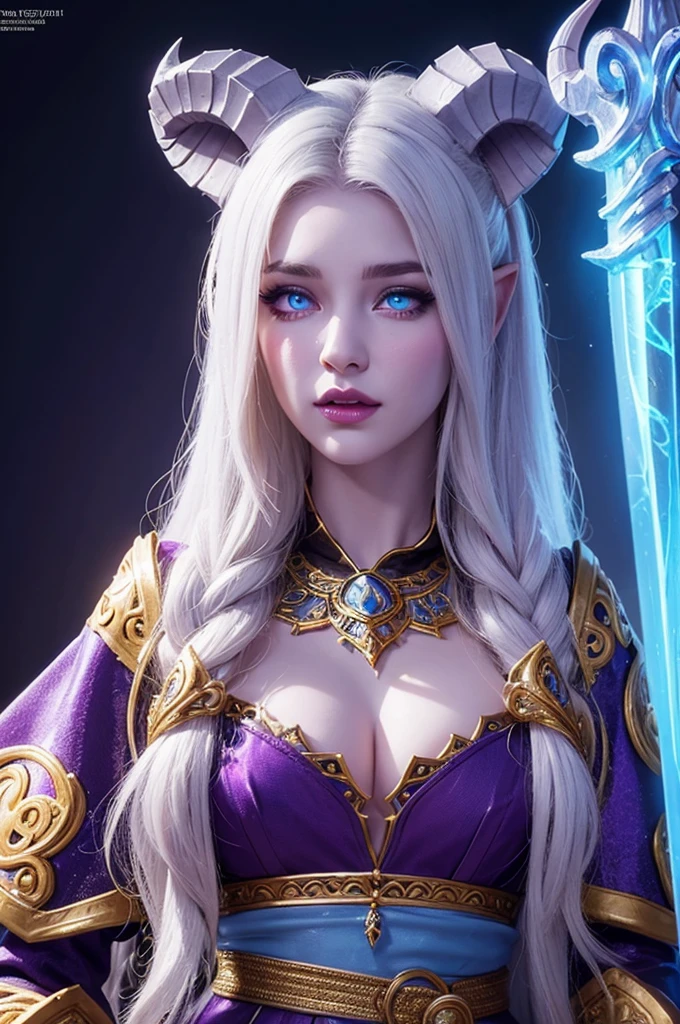 aufwendiges, detailliertes Porträt eines Draenei-Magiers aus World of Warcraft, Schöne, detaillierte Augen, schöne detaillierte Lippen, extrem detailliertes Gesicht, lange Wimpern, detaillierte Hautstruktur, Fließendes weißes Haar, elegante verzierte Roben, hält einen leuchtenden Zauberstab, mystische Fantasy-Umgebung, epische filmische Beleuchtung, leuchtende Farben, fotorealistisch, 8k, Hohe Auflösung, Meisterwerk, Konzeptkunst.