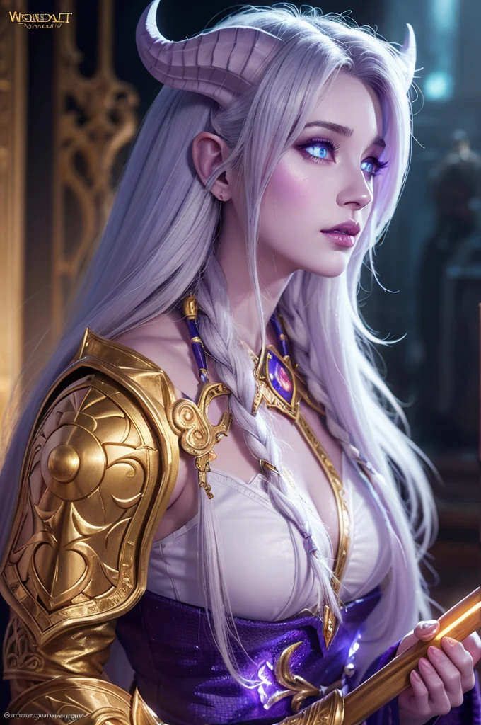 intricate detailed portrait of a draenei mage from world of warcraft, beautiful detailed eyes, beautiful detailed lips, extremely detailed face, long eyelashes, detailed skin texture, flowing white hair, elegant ornate robes, holding a glowing magic staff, mystical fantasy environment, epic cinematic lighting, vibrant colors, photorealistic, 8k, high resolution, masterpiece, concept art.